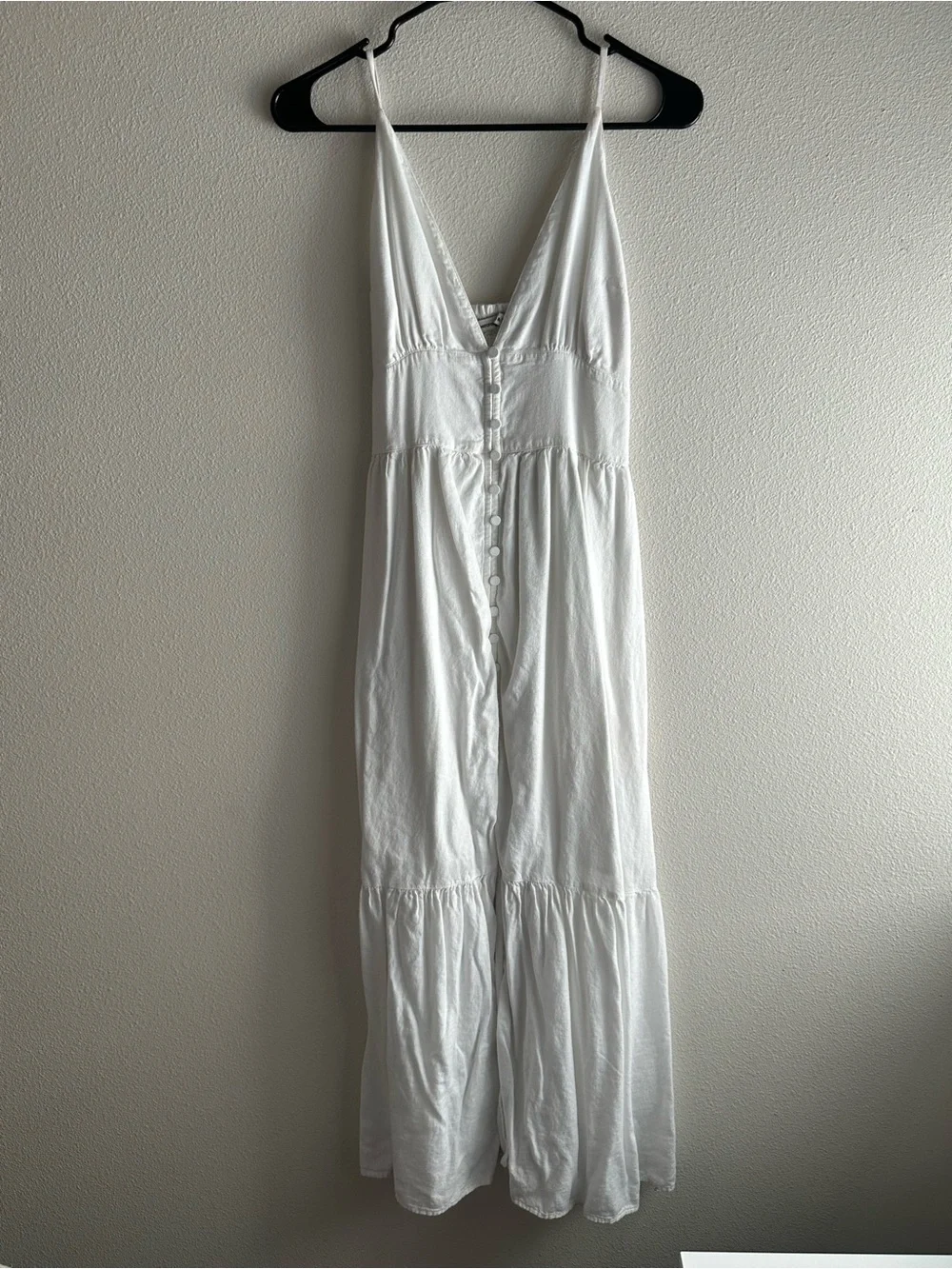 Abercrombie and Fitch White Tiered Button-Front Maxi Dress with Spaghetti Straps